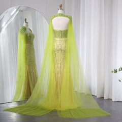 Beaded Mermaid Lime Green Evening Dress with Cape Sleeves