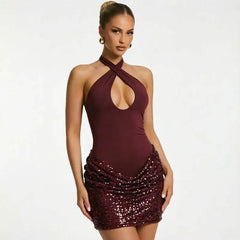 Cross Neck Ruched Sequin Mini Dress