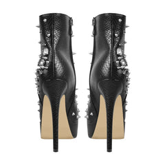 Back view of black studded and rhinestone platform ankle boots