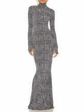 Plaid high-neck long sleeve sheath maxi dress