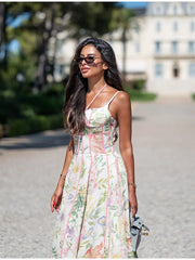 Strappy Corset Bustier Maxi Dress With Floral Motif