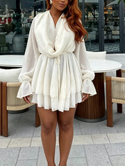 White V-Neck Ruffle Sleeve Mini Dress