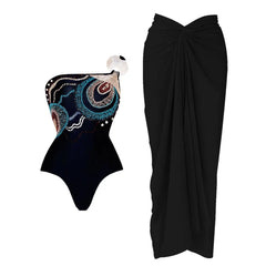 One-Shoulder Draped Bodysuit and Wrap Skirt Set