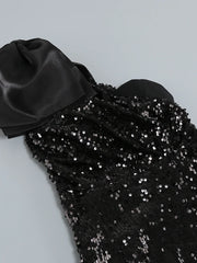 Black One-Shoulder Sequin Midi Dress with Bow Detail