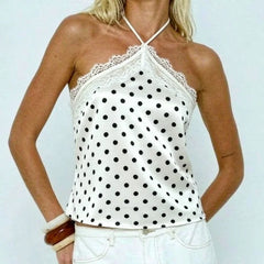 White polka dot lace trim halter top