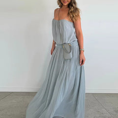 Spaghetti Strap Gathered Empire Waist Maxi Dress with Thigh-High Slit