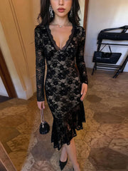 Floral lace v-neck midi dress with long sleeves