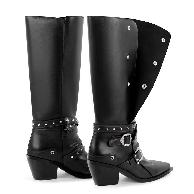 Side view of black knee high boots showcasing the block heel and buckle strap.
