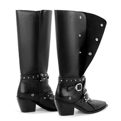 Side view of black knee high boots showcasing the block heel and buckle strap.