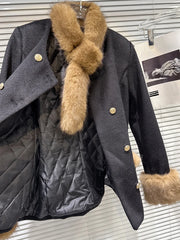 Black Short Coat With Brown Fur Trim And Short Scarf, And Brown Mini Skirt Set