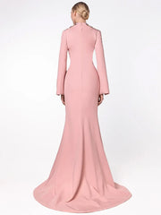 Back view of pink buttoned v-neck maxi dress with bell sleeves