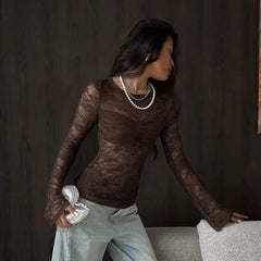 Lace Flare Sleeve Sheer Long Sleeve Top