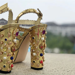 Gold Rhinestone Peep Toe Heels | Platform Leather Sandals for Women