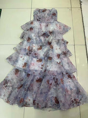 Purple Floral Print Strapless Ruffle Maxi Dress