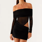 Black off-shoulder dress with mesh panels on a white background