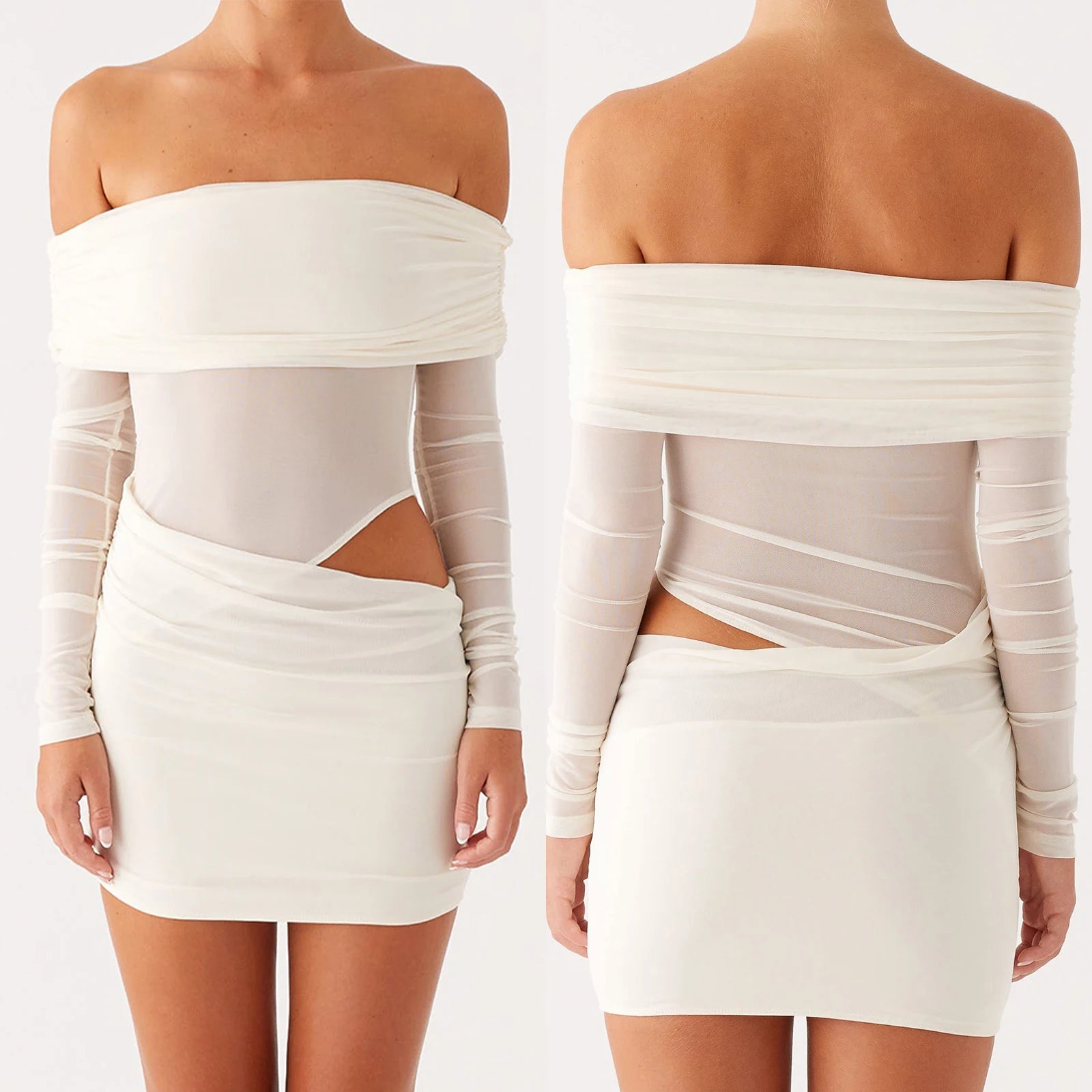 White off-shoulder dress shown from front and back on a white background