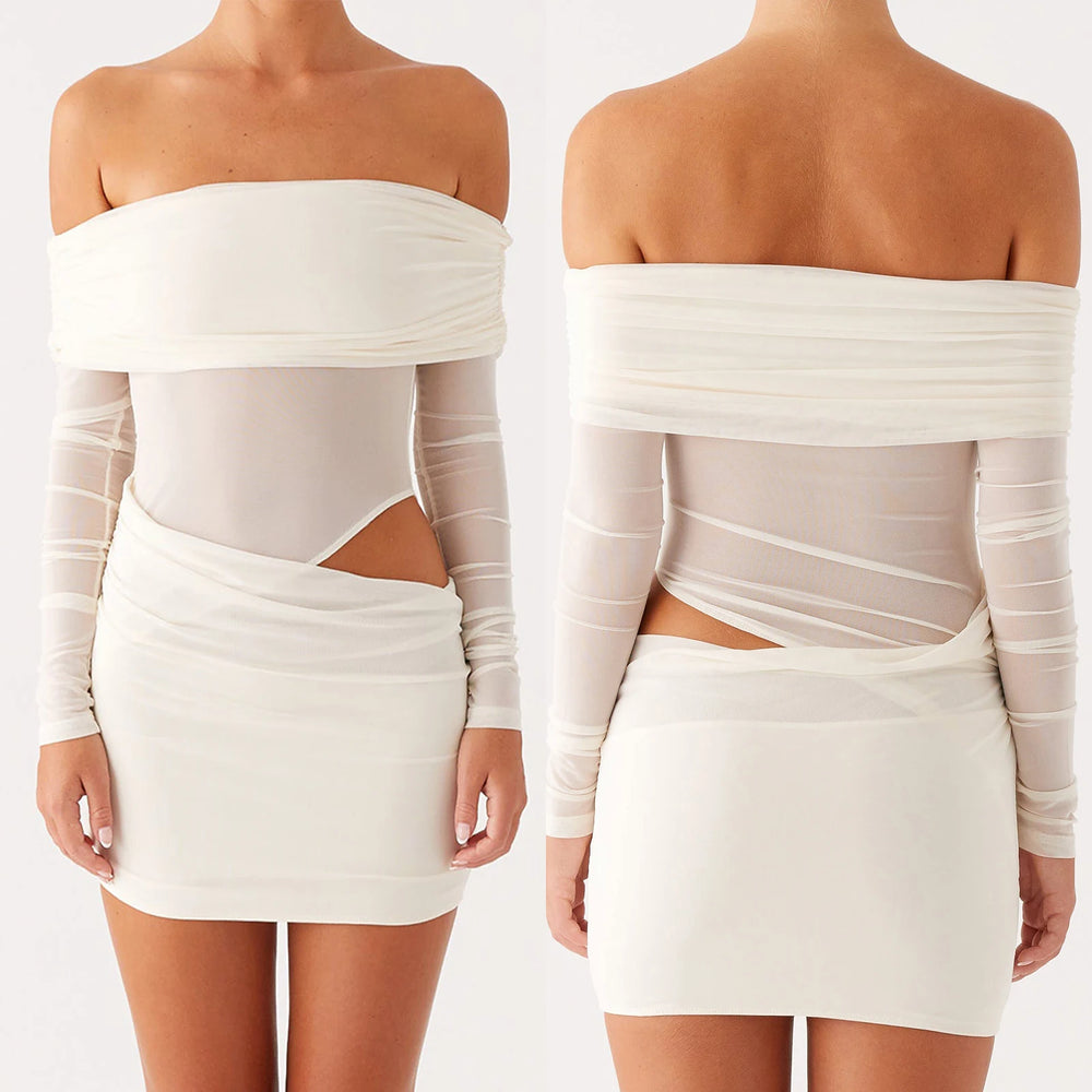 White off-shoulder dress shown from front and back on a white background