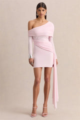 Pink diagonal collar ruched draped mini dress
