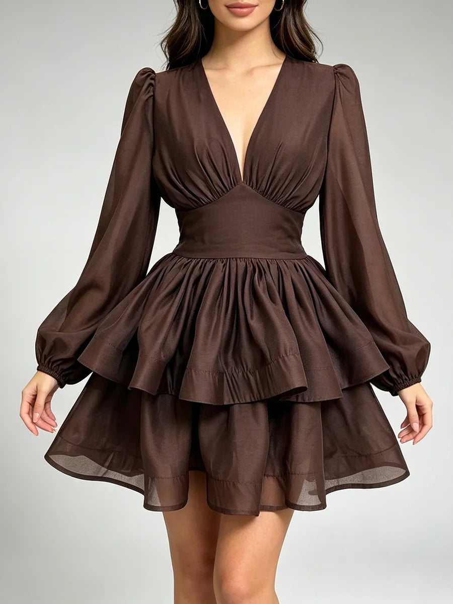 Brown V-neck puff sleeve tiered mini dress with hands
