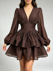 Brown V-neck puff sleeve tiered mini dress with hands
