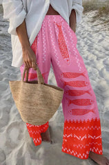 Ladies Beach Pants - Blue Fish Print Wide Leg Trousers