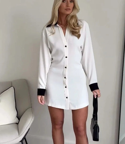Solid White Turn-Down Collar Long Sleeves Women's Mini Dress