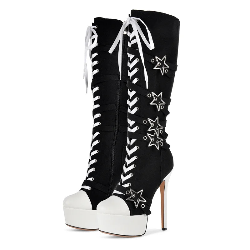 Platform lace-up knee-high boots with star buckle details