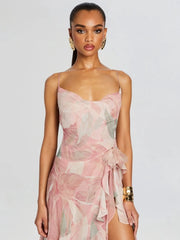 Spaghetti Strap Floral Print Ruffle High-Slit Asymmetrical Hem Maxi Dress