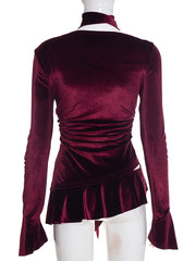Velvet Asymmetrical Buttoned Ruffle Hem Top