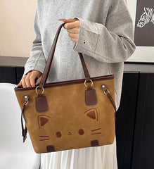 Cute Cat Face Suede Shoulder Tote Bag