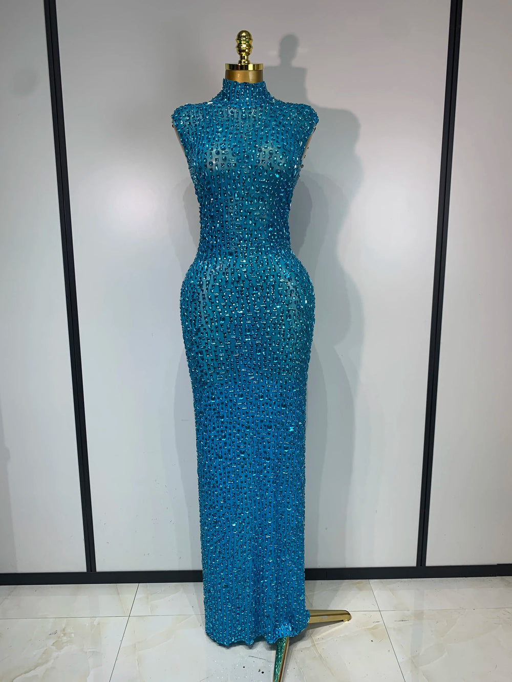 Blue rhinestone embellished high neck sleeveless maxi dress