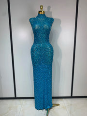 Blue rhinestone embellished high neck sleeveless maxi dress