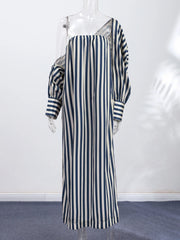 Blue Vertical Stripe Print Off Shoulder Maxi Dress