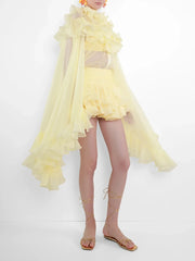 Yellow High Neck Long Sleeve Ruffle Top and Mini Skirt Set