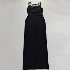 Black sleeveless maxi dress laid flat