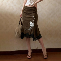 Close-up of Floral Embroidery Mermaid Midi Skirt