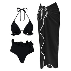 Black ruffled halter bikini top and high-waist bottoms with a matching ruffled wrap skirt featuring contrast trim.