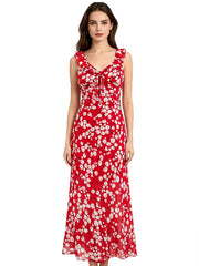 Red ruffled V-neck sleeveless A-line midi dress