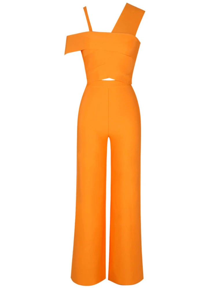 Orange jumpsuit with cut-out design on a white background