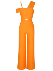 Orange jumpsuit with cut-out design on a white background