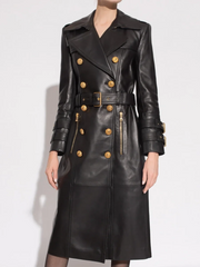 Elegant faux leather coat styled with waist belt