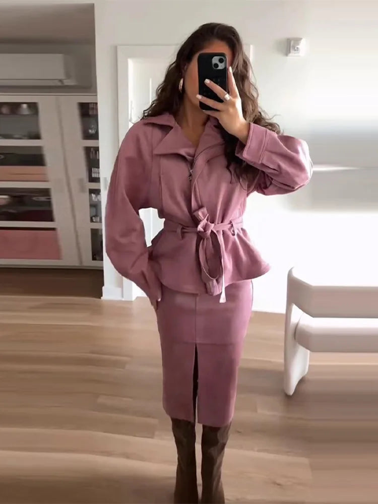 Lapel neck belted jacket with slit midi skirt two-piece set