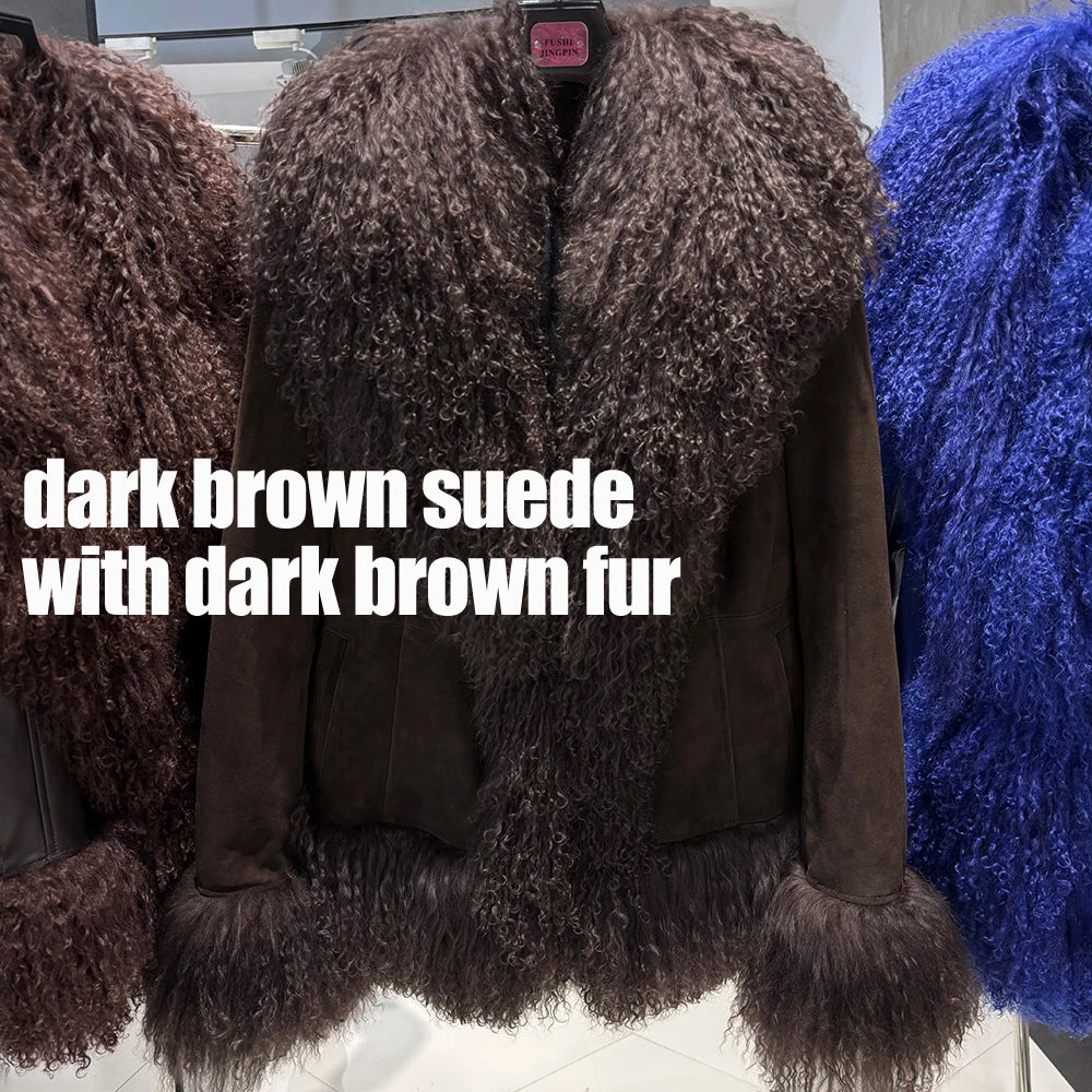 Dark brown suede jacket with dark brown fur trim