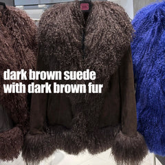 Dark brown suede jacket with dark brown fur trim