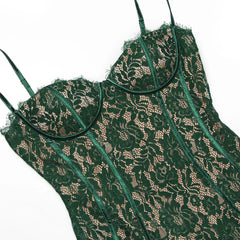 Close-up of green floral lace fabric on midi dress