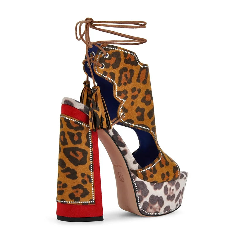 Side view of leopard print lace-up platform sandals showcasing the heel.