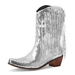 Silver sequin cowboy boot with a brown heel on a white background