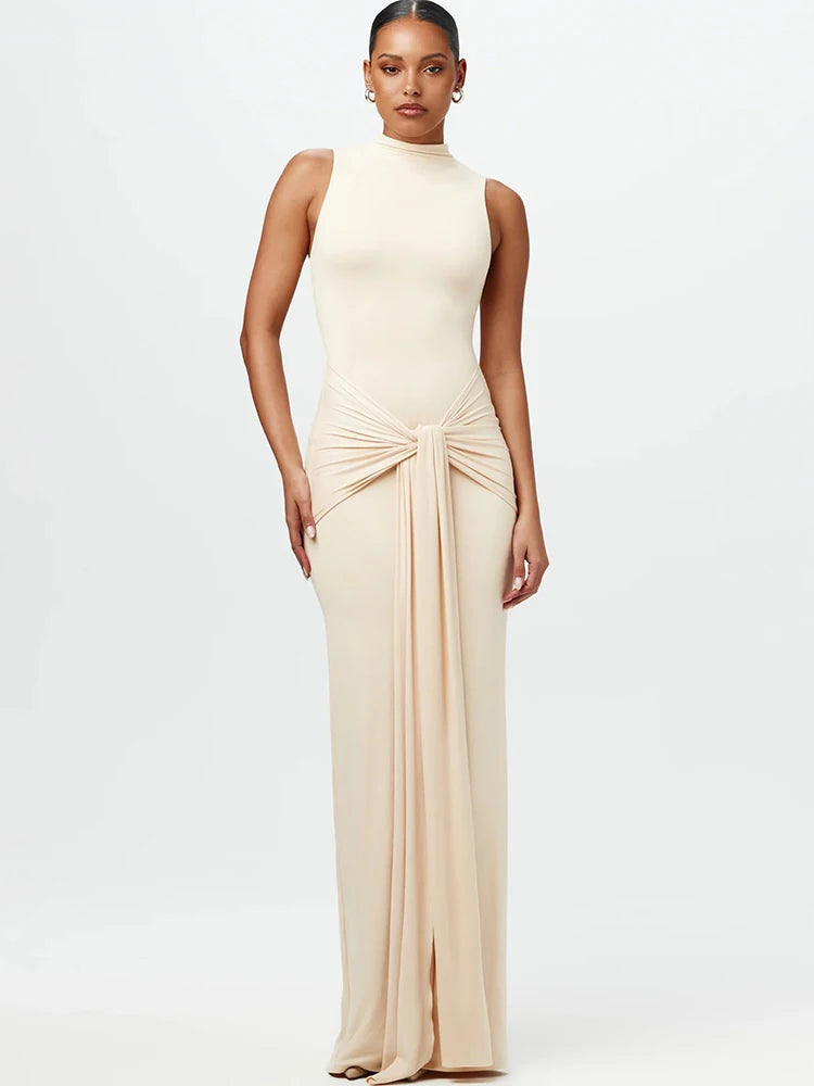 Mock neck sleeveless maxi dress with front knot detail in cream