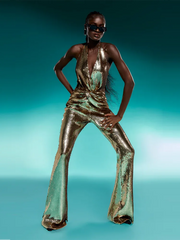 Gold Sequin Sleeveless V Neck Wide Leg Jumpsuit