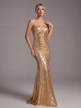 Strapless sweetheart neckline trumpet silhouette ruched metallic floor-length gown